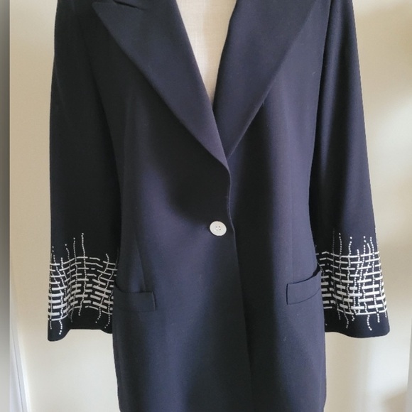ESCADA by Margaretha Ley Deep Navy/Black Wool Blazer Embroidered Sleeves Sz: 38 - Picture 8 of 12